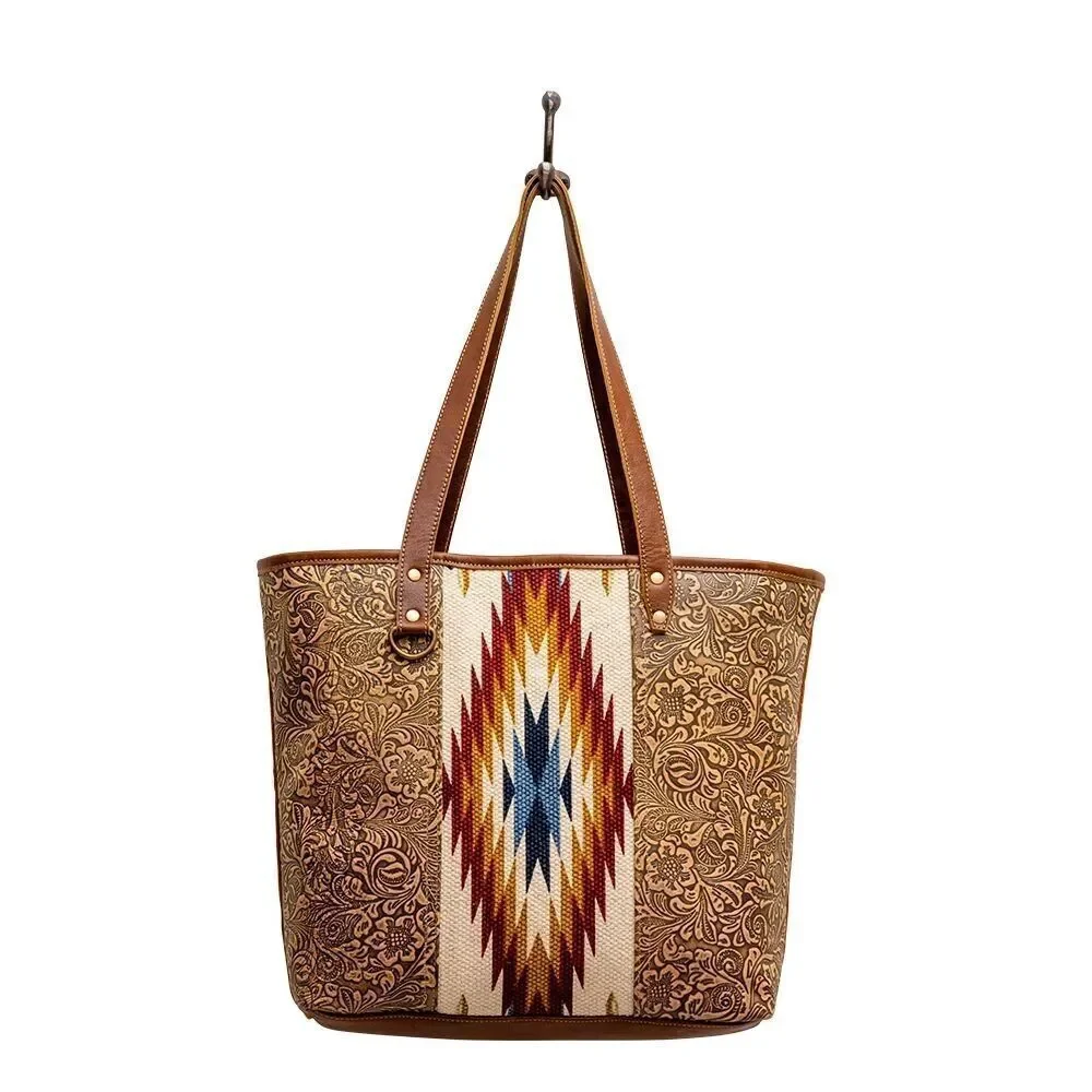 Myra Bag Handmade Titios Tote Bag Upcycled Canvas & Cowhide Leather